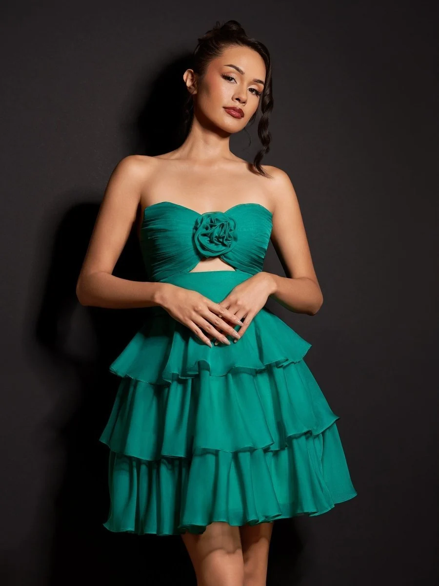 Fuchsia Strapless A Line Chiffon Ruffles Homecoming Dresses With Flower