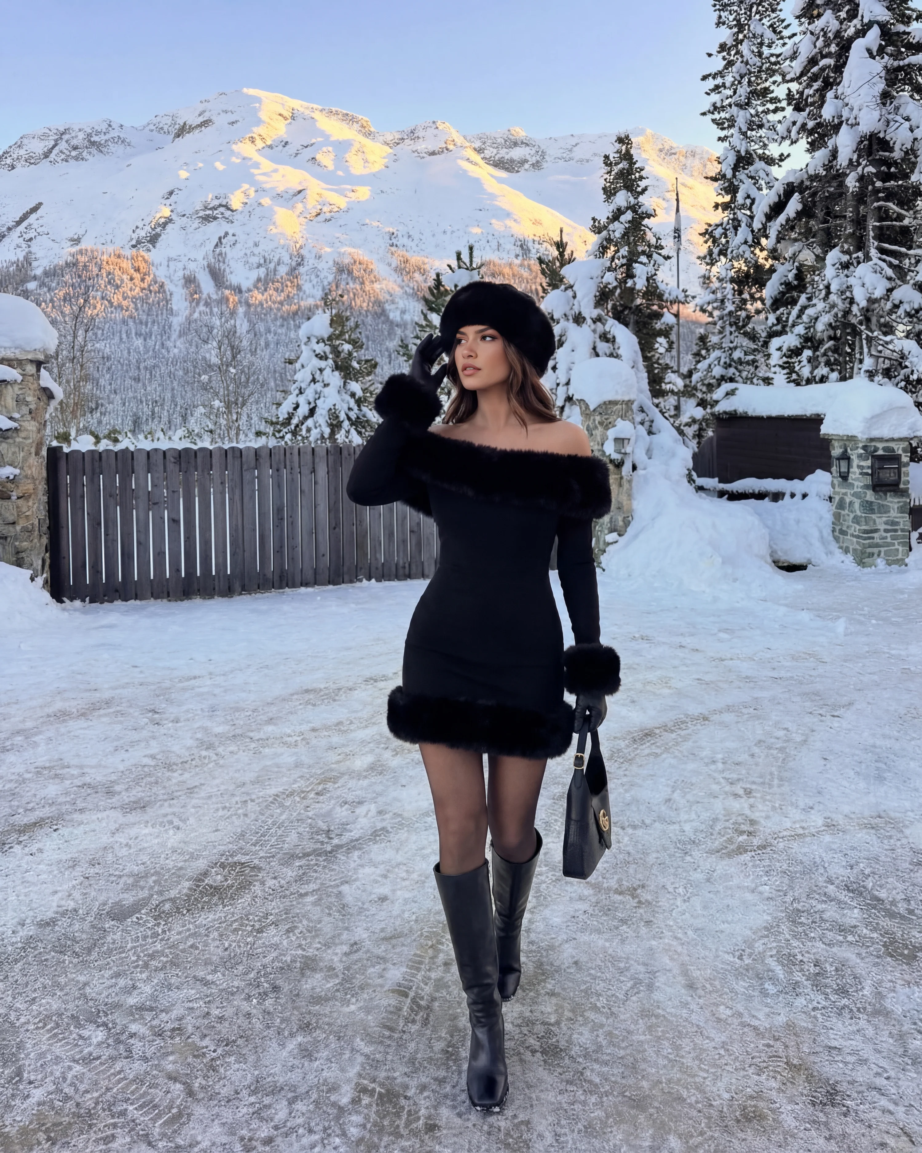 Black Off-Shoulder Mini Dress with Fur Trim