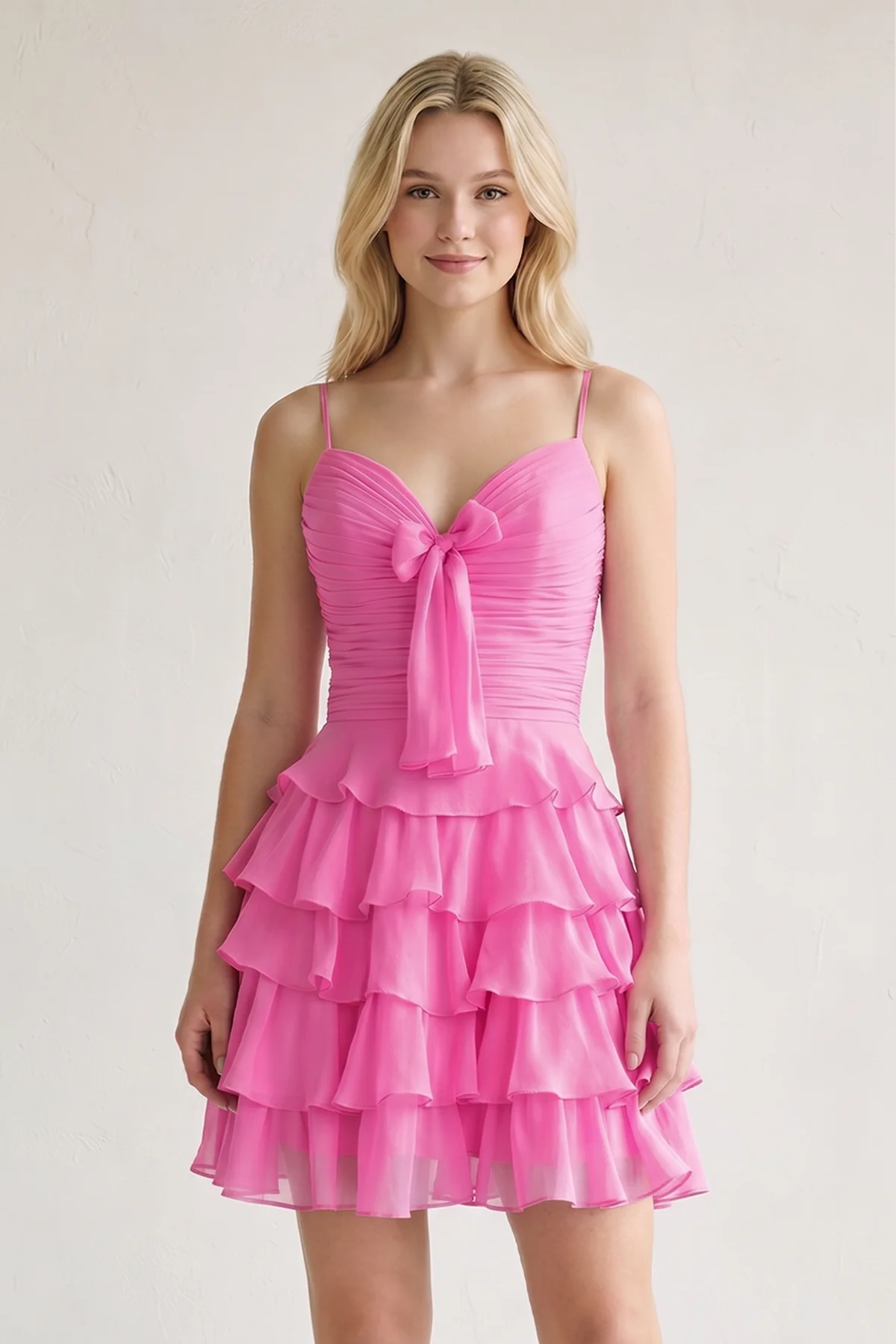 Pink Spaghetti Straps A Line Chiffon Ruffles Homecoming Dresses With Bow