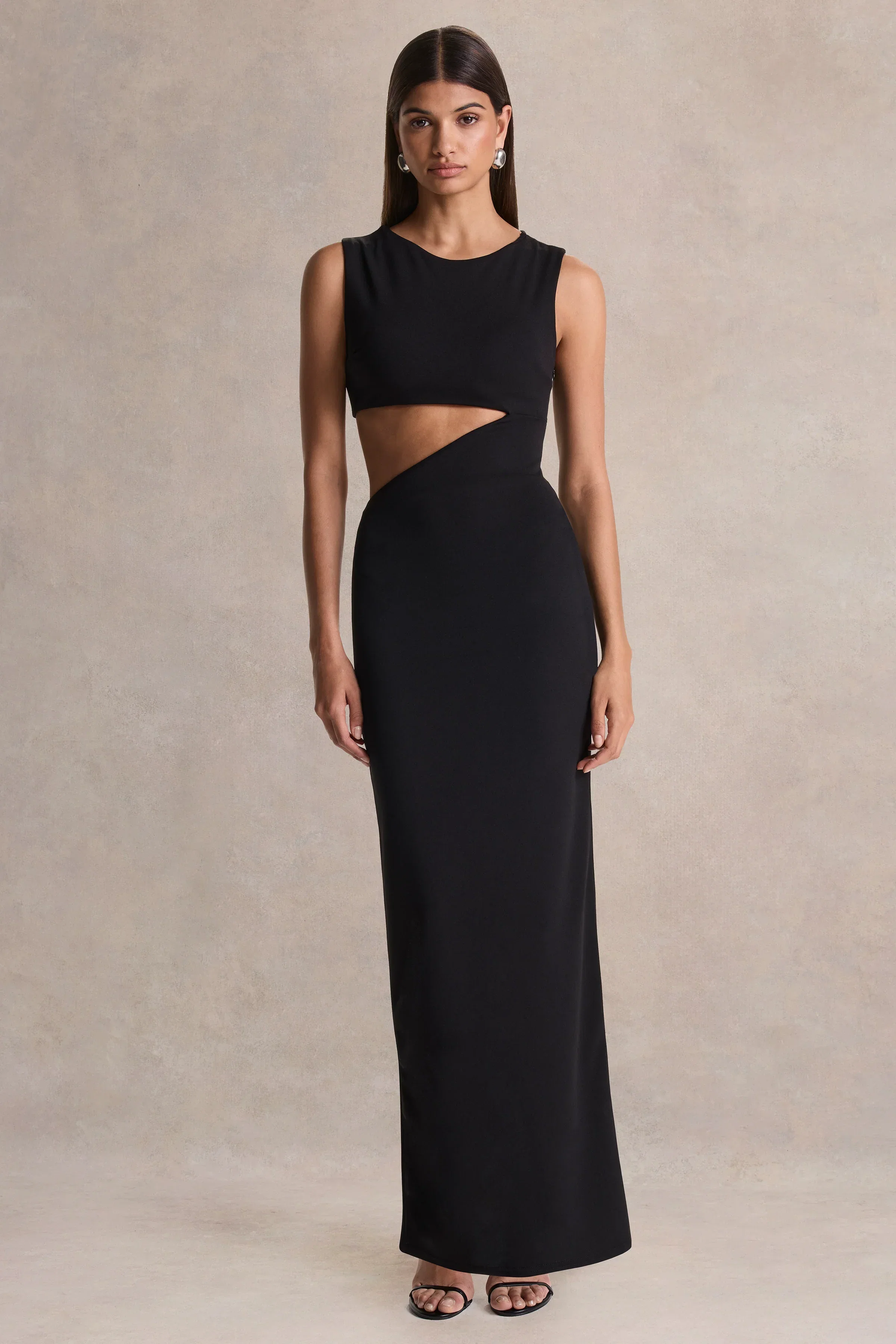 Roseth | Black High-Neck Maxi Dress With One-Sleeve And Body Cut-Out Detail