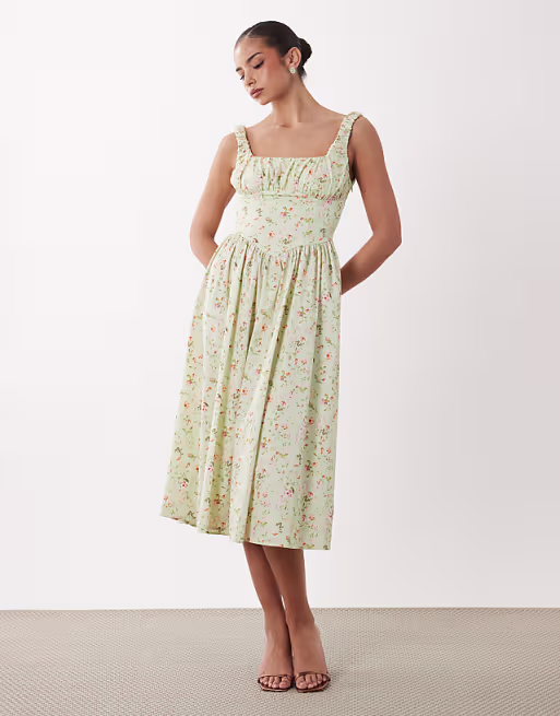 Gina Tricot corset midi dress in green flower print