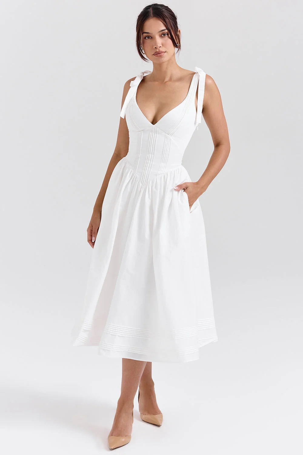 white pin tuck cotton midi sundress