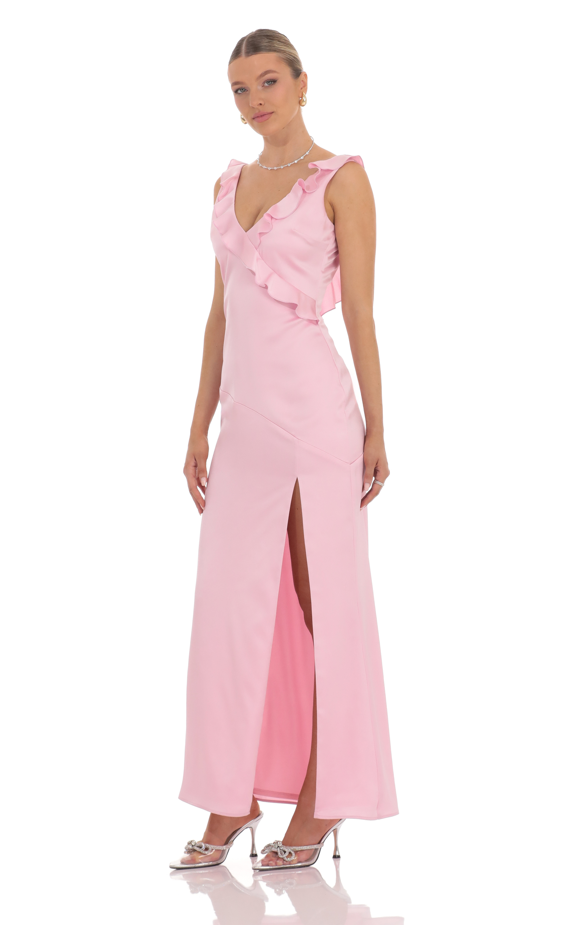 Satin V-Neck Open Back Maxi Dress in Pink - luluinthesky