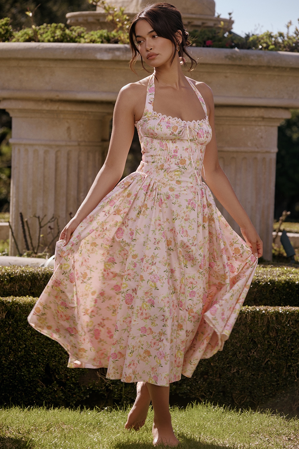Pink Meadow Print Cotton Halter Midi Sundress