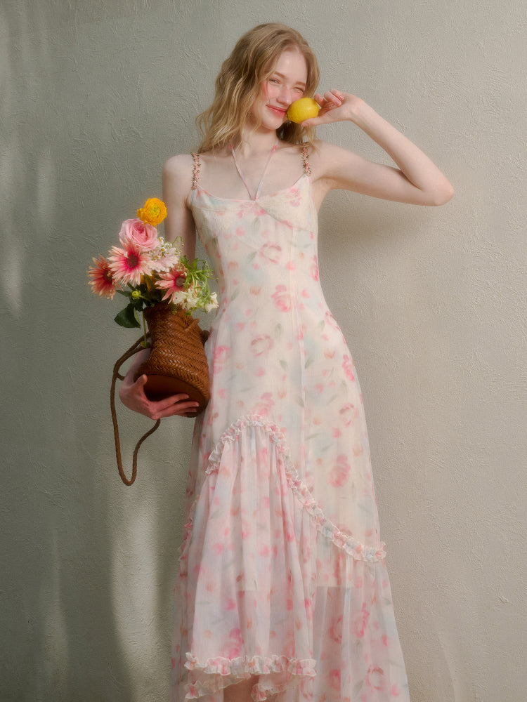 Flower-pattern Flowing Dress