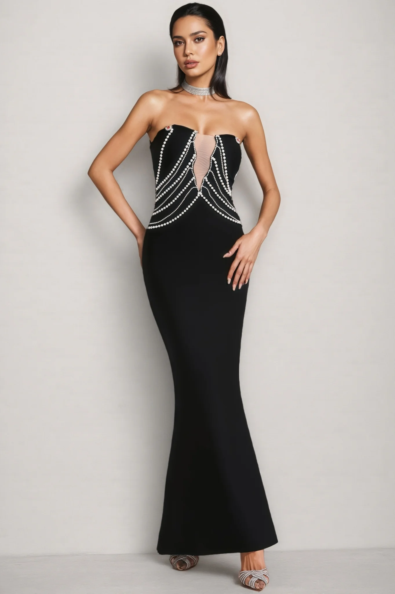 Vaughn Black Pearls Off Shoulder Maxi Dress