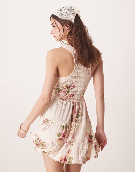 crinkle scoop neck tiered mini dress in vintage floral print