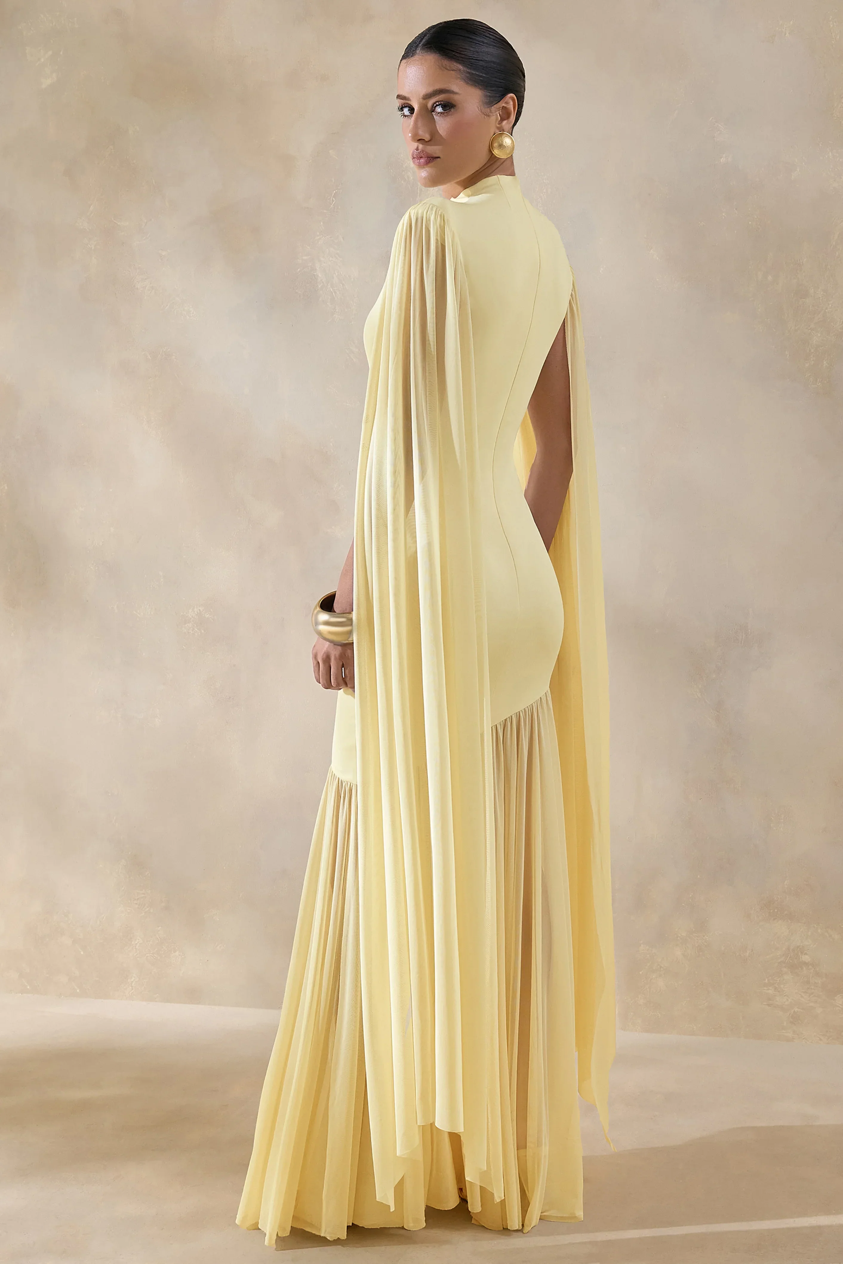Chantelle | Lemon High-Neck Maxi Dress With Drop-Waist And Cape-Sleeves