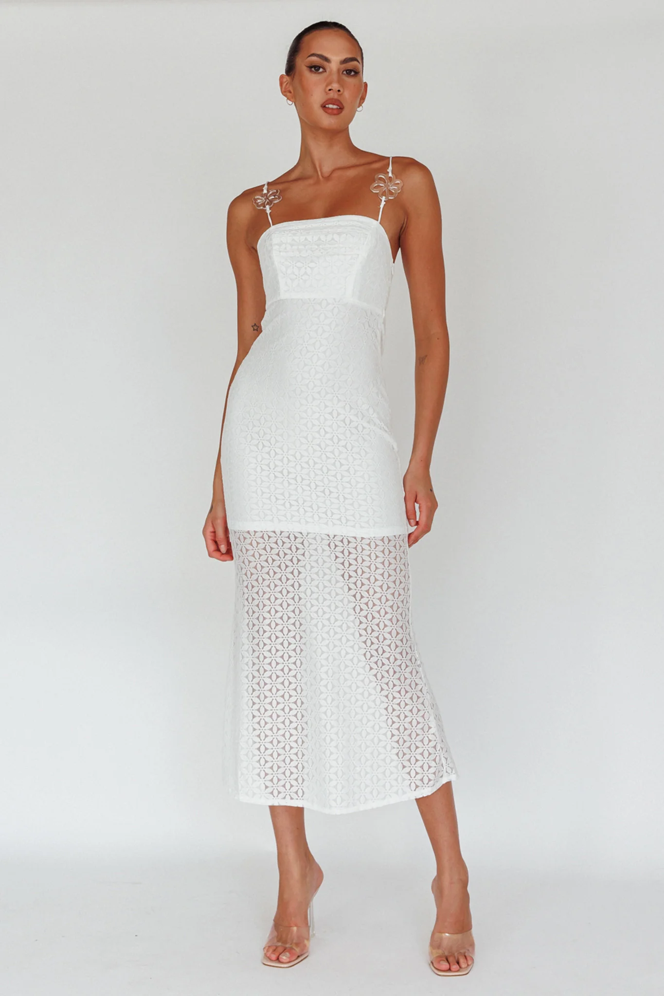 Lazy Daisy Flower Strap Midi Dress White