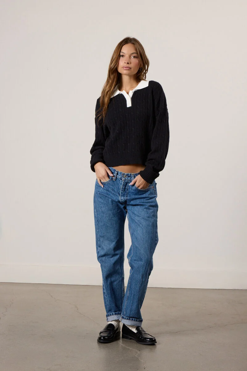 Contrast Henley Cable Knit Sweater