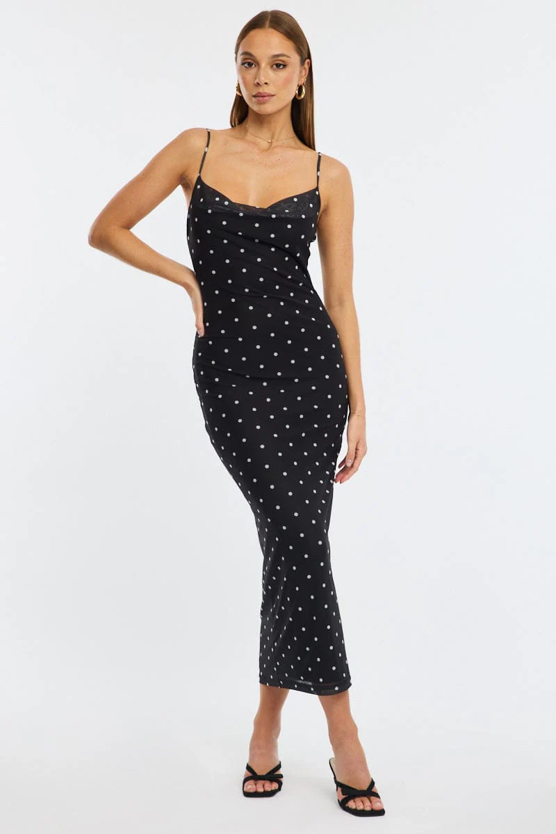 Black Polka Dot Bodycon Dress Polka Dot Cowl Neck Maxi