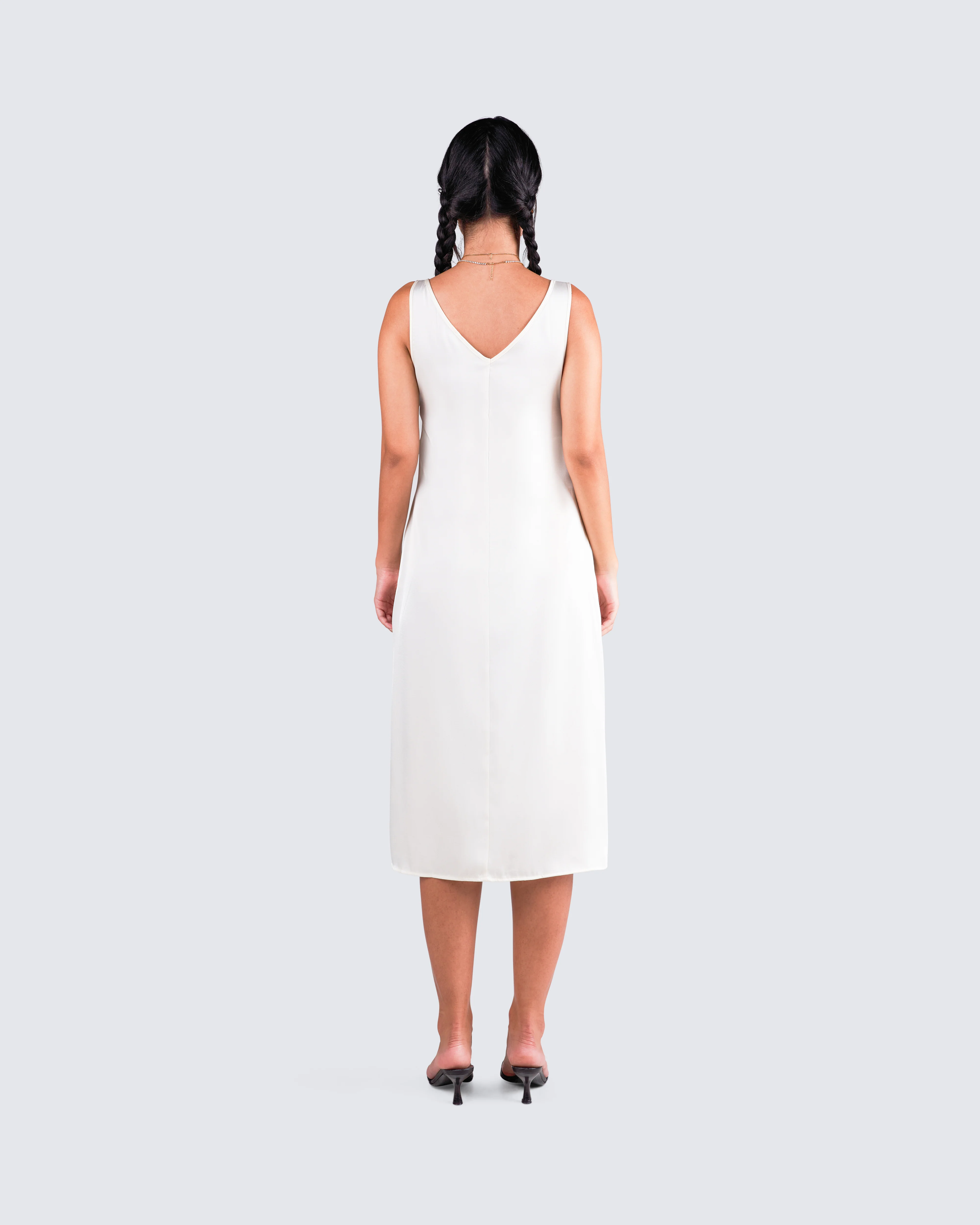 Saskia White Satin Slit Midi Dress