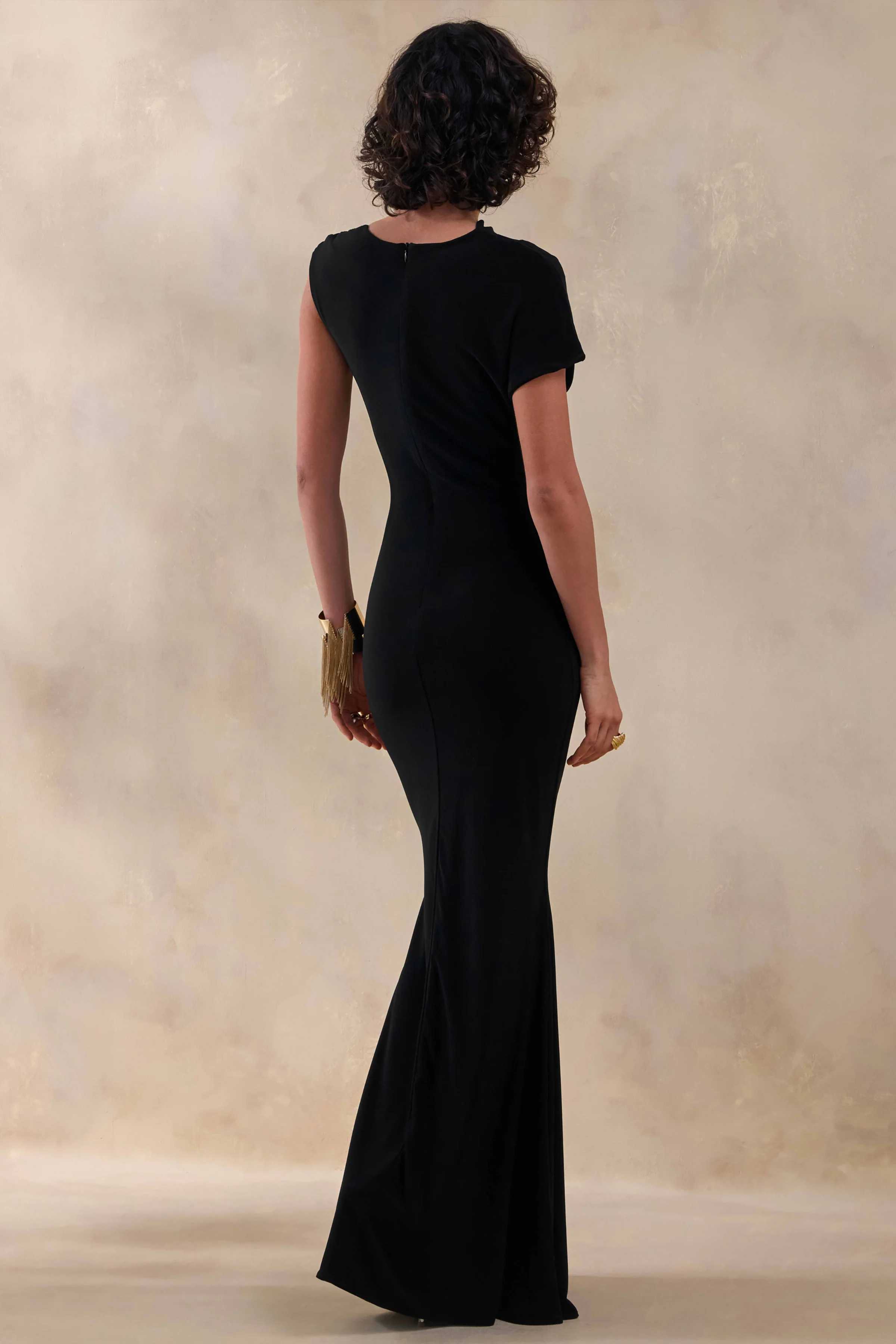 Blaire | Black Asymmetric-Neck Maxi Dress With Gold-Detailing