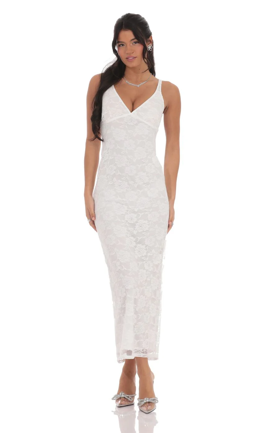 Lace Open Back Bodycon Maxi Dress in White
