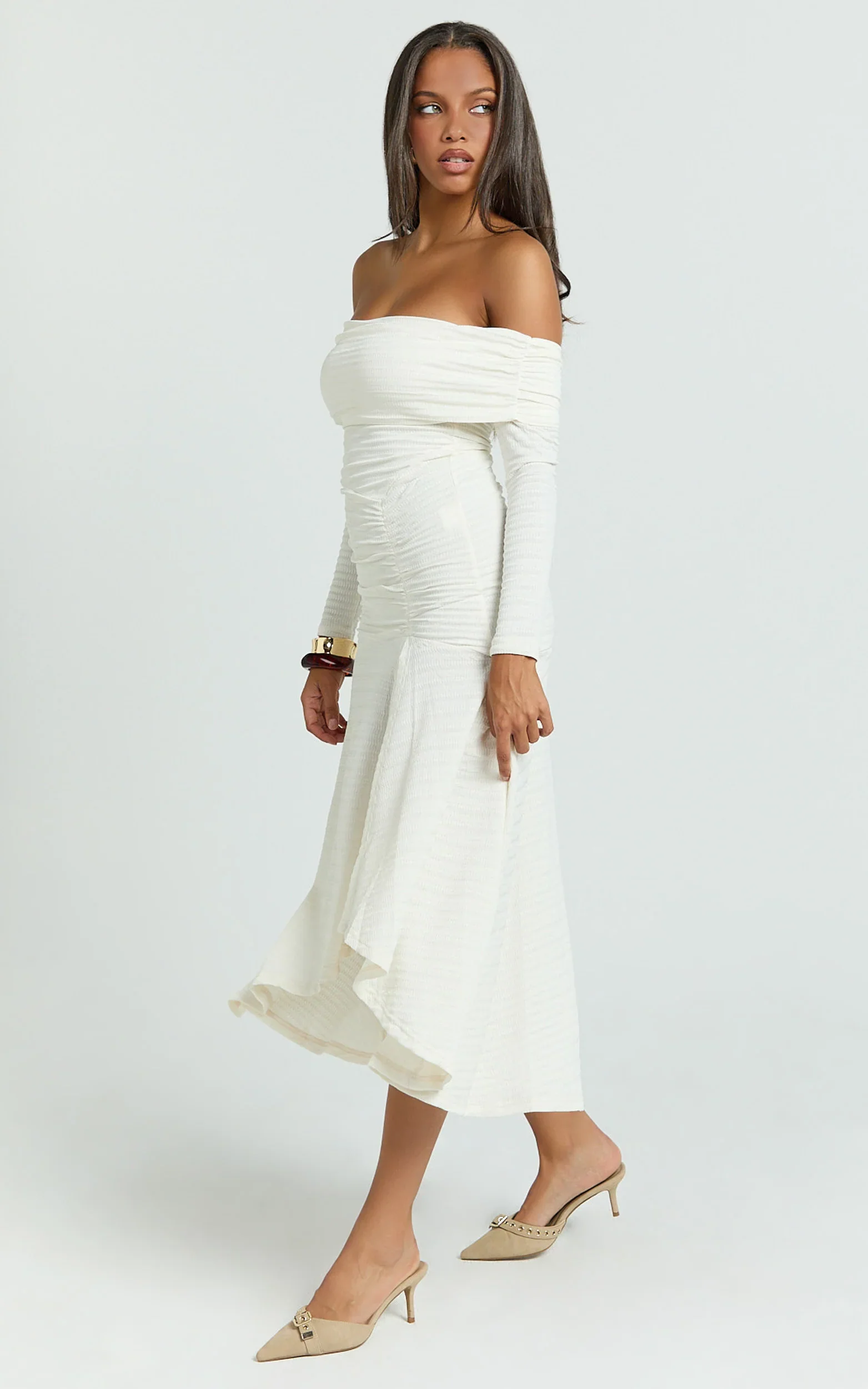 Carissa Midi Dress - Off Shoulder Long Sleeve Flounce Skirt Jersey Dress in Ivory