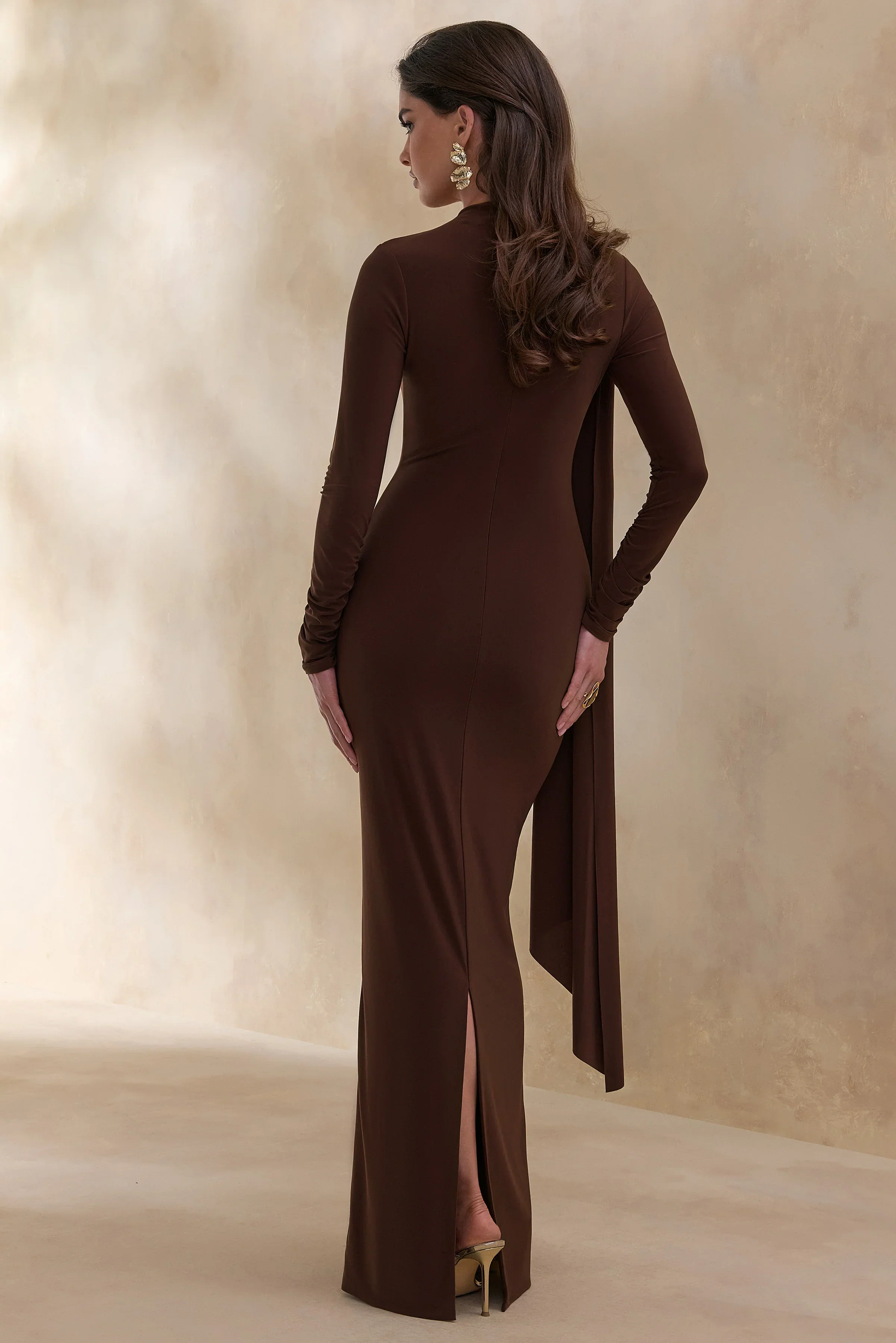 Amaria | Brown High-Neck Maxi Dress With Sash-Detail
