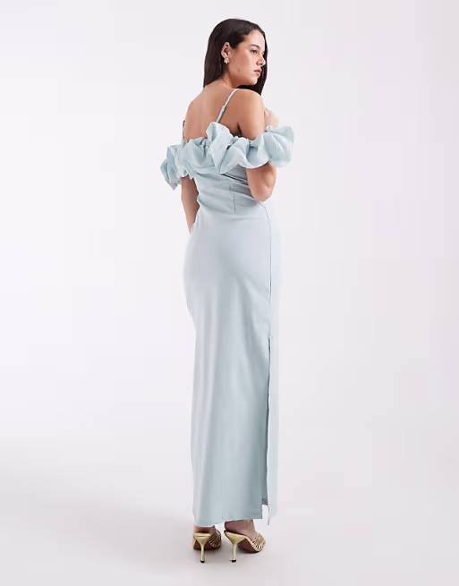 Object extreme off the shoulder satin ruffle trim maxi dress in soft blue