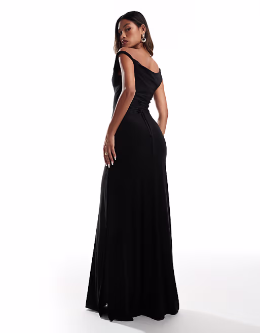 twist shoulder with lace up back maxi dress in black