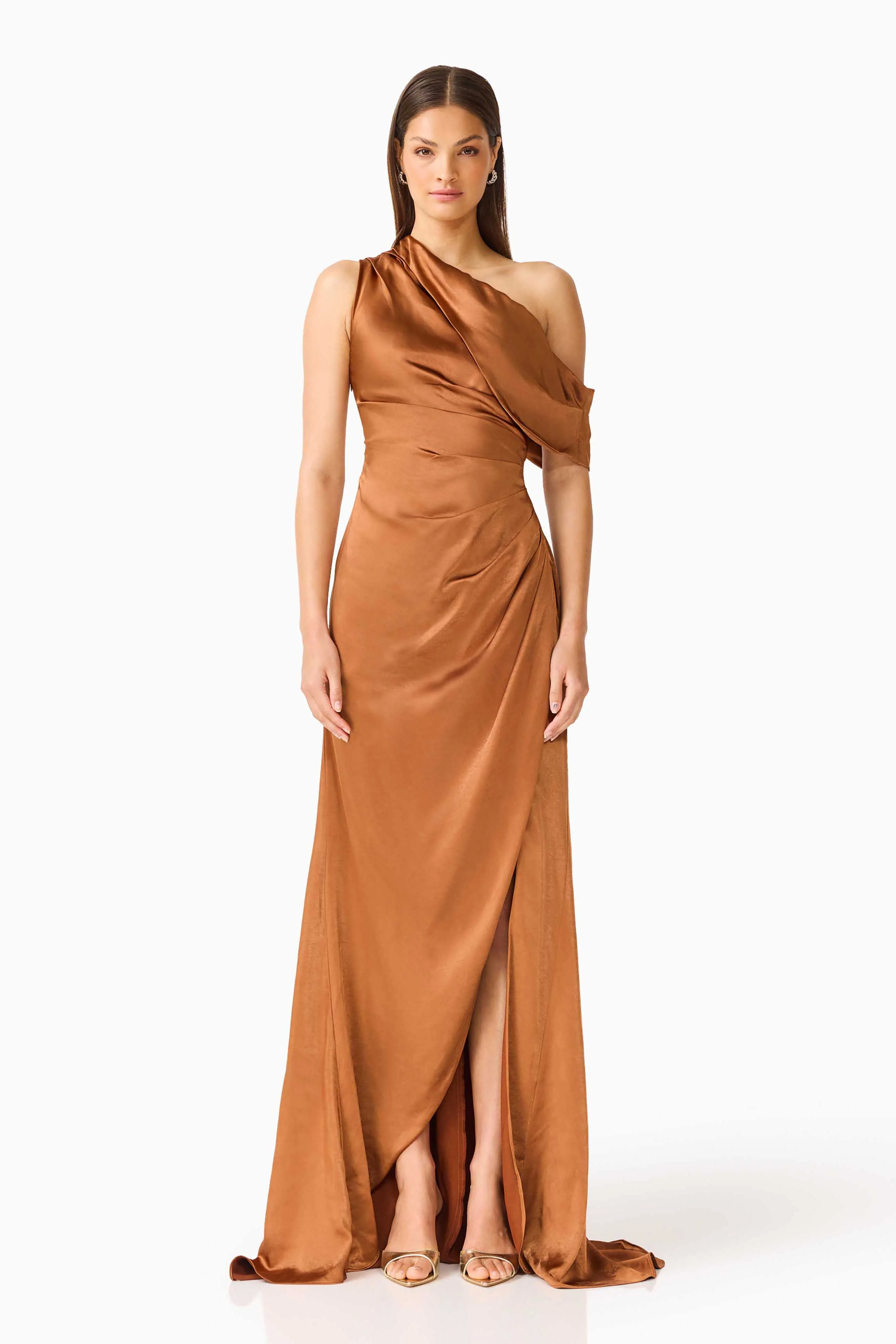 Isadora Off The Shoulder Gown in Toffee Brown