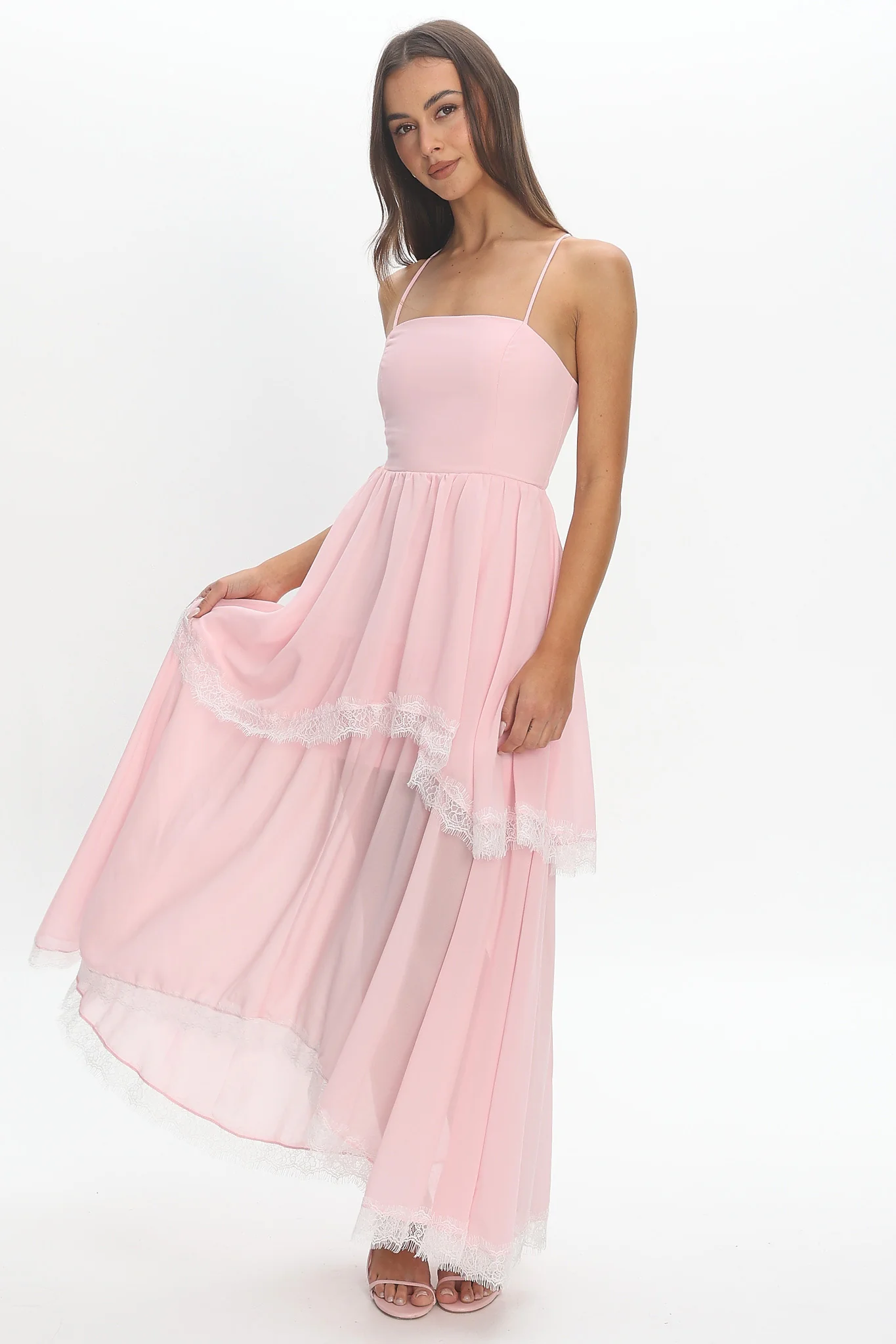 Sunrise on Sunset Lace Trim Maxi Dress Pink