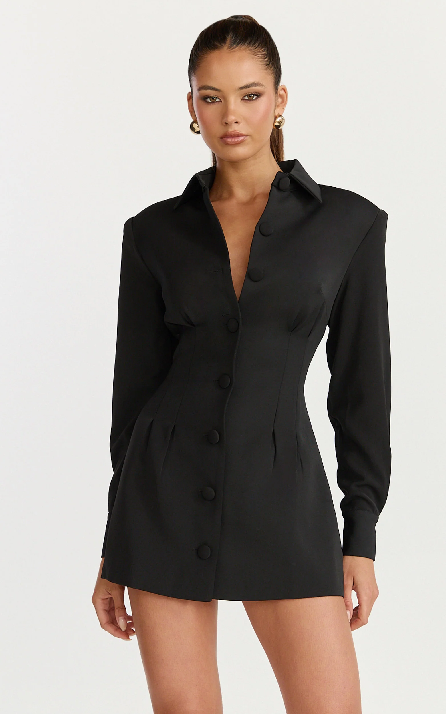 Thelma Mini Dress - Button Front Pleat Waist Tulip Skirt Shirtdress in Black