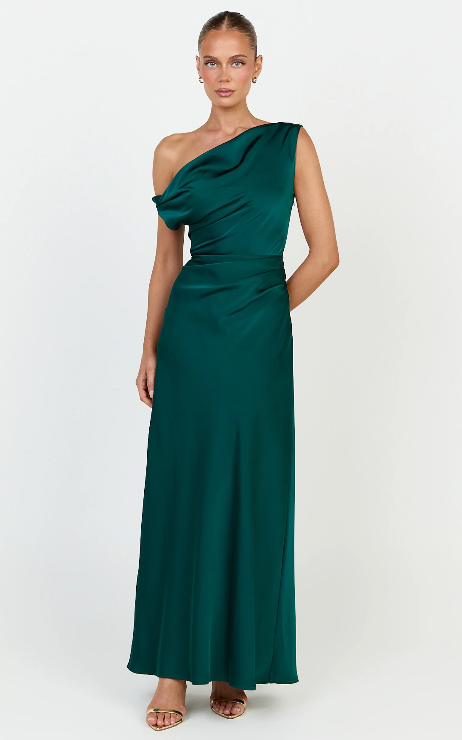 Lira Maxi Dress - One Shoulder Satin Dress in Emerald