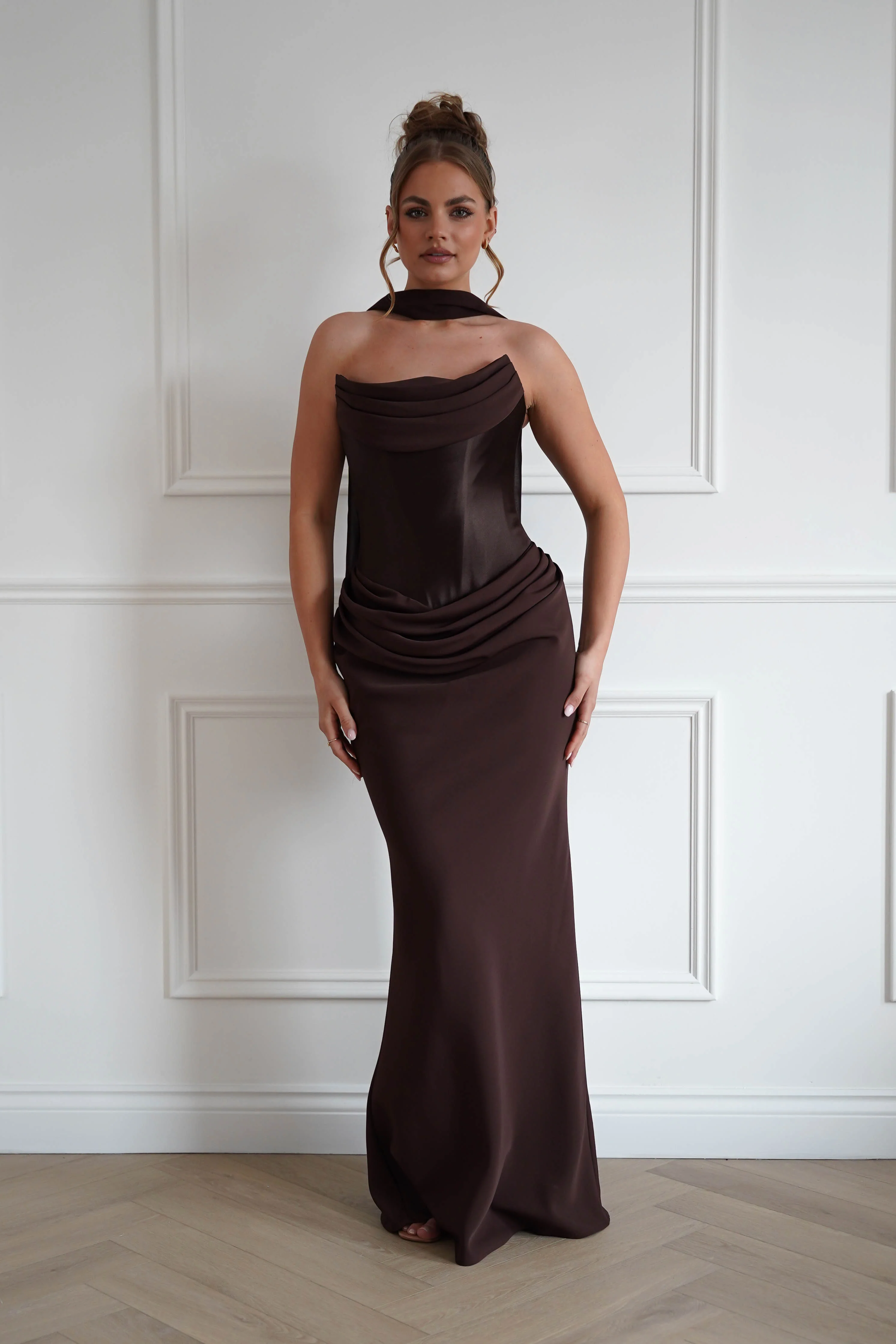 Kailani Strapless Ruched Maxi Dress | Brown