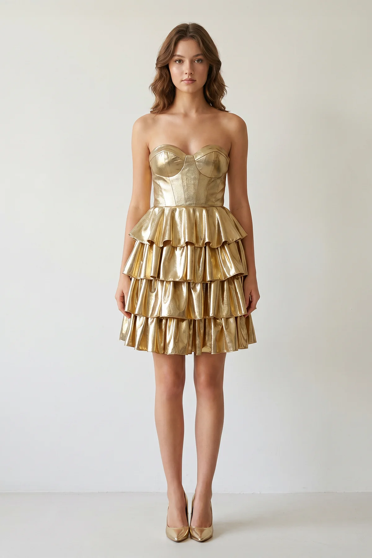 Sweetheart Gold Metallic A-Line Ruffle Homecoming Dress