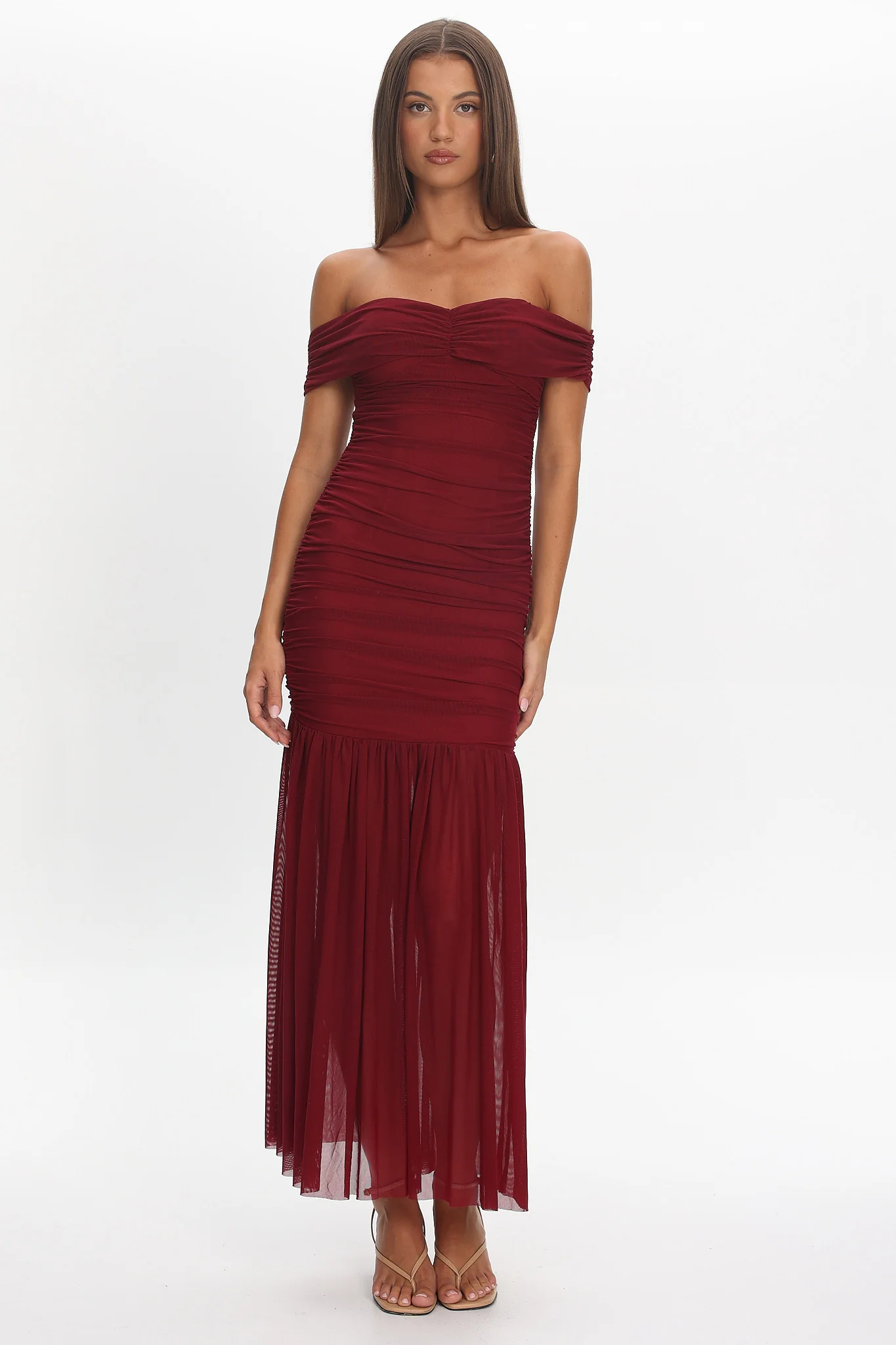 La Salle Off Shoulder Mesh Maxi Dress Wine - luluinthesky