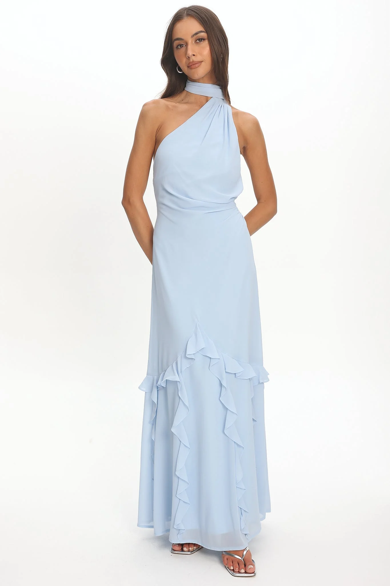 Lorielle One-Shoulder Ruffle Trim Maxi Dress Blue