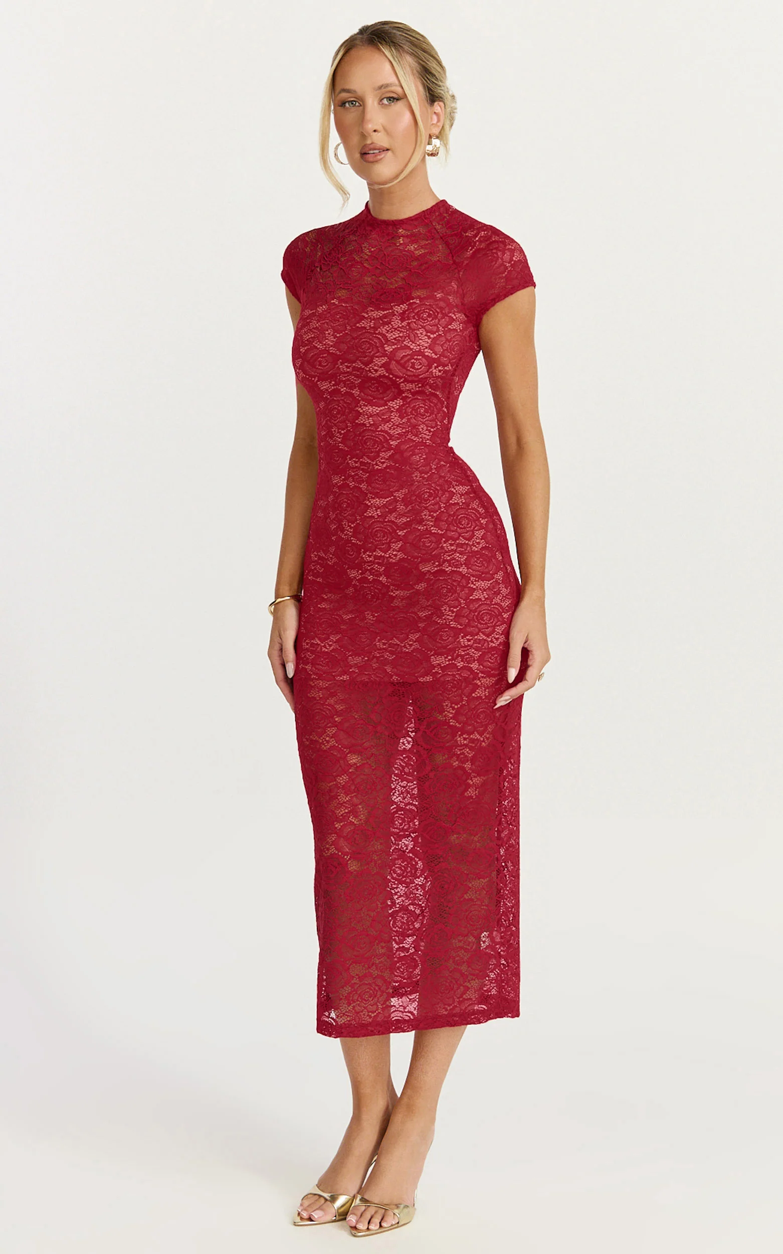 Emma Midi Dress - Lace Cap Sleeve Bodycon Dress in Wine