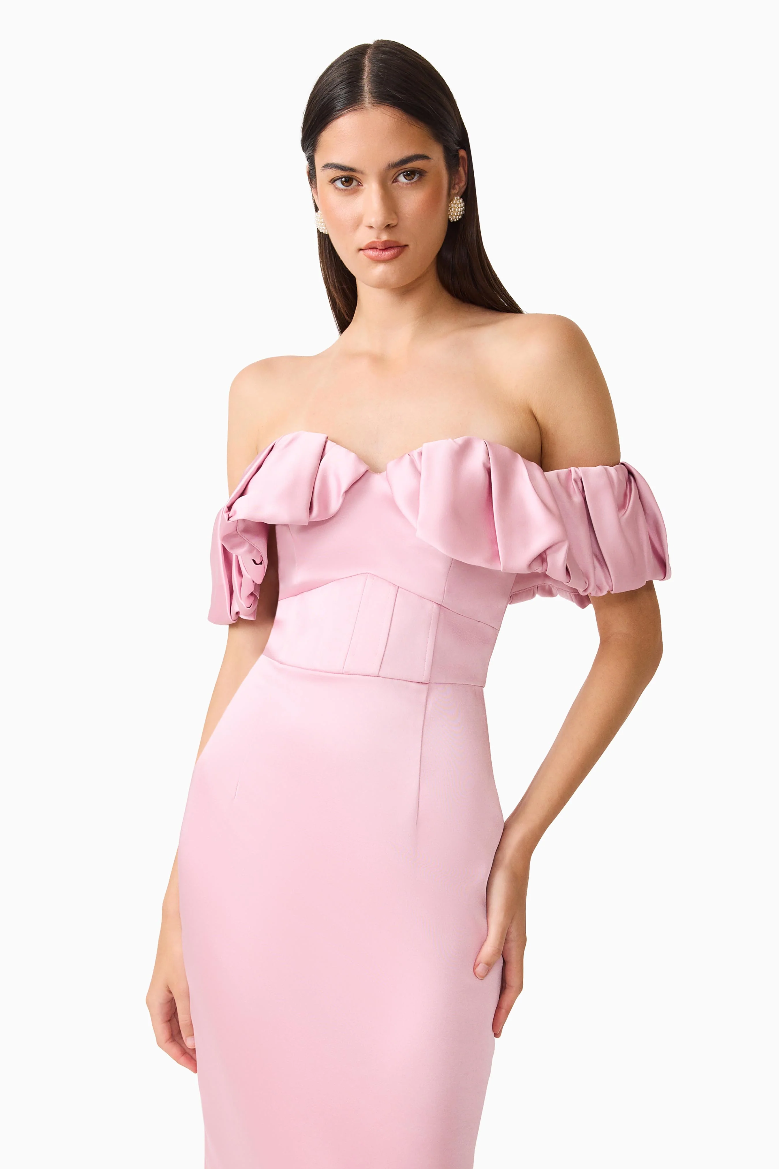 Espera Off Shoulder Midi Dress in Rose Pink