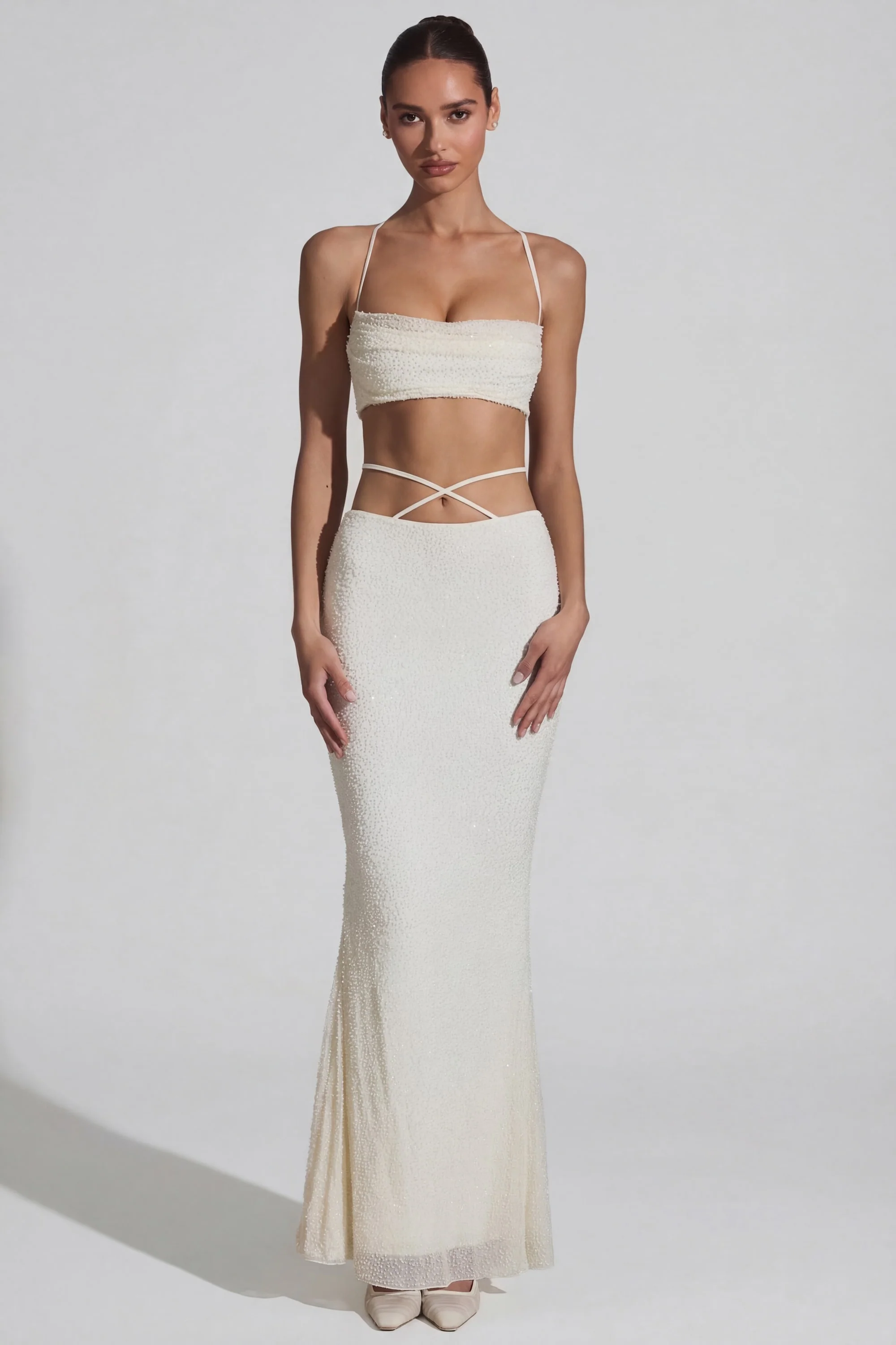 Embellished Cross Back Crop Top in White