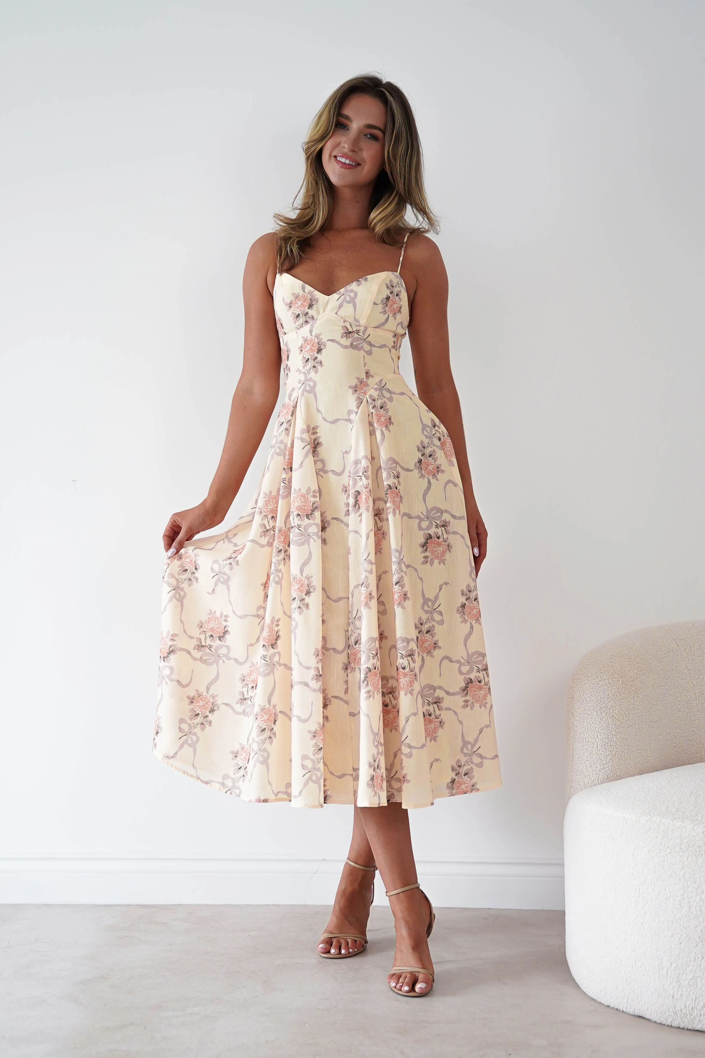 Tess Floral Print Skater Midaxi Dress | Yellow