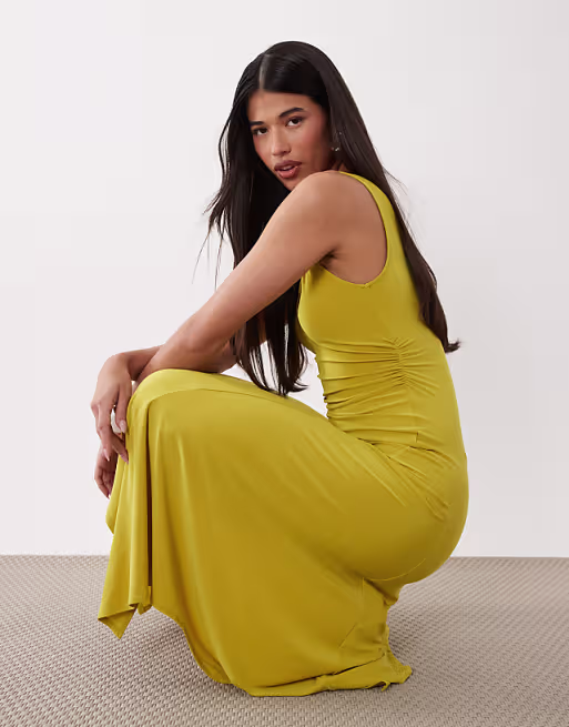 v neck hanky hem soft slinky midi dress in chartreuse