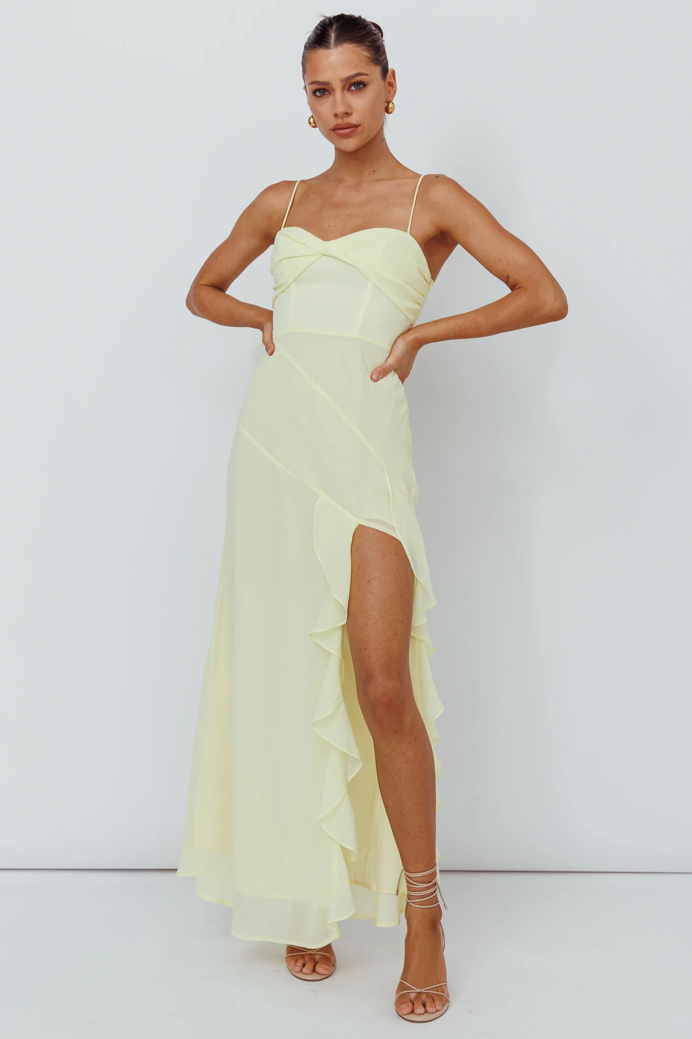 Jayna Ruffle Trim Split Dress Yellow