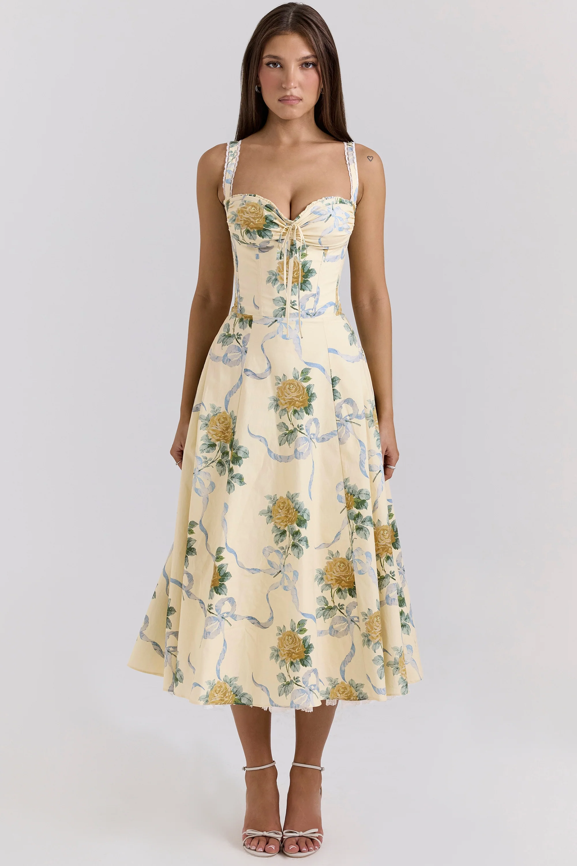 Lemon Vintage Ribbon Print Cotton Midi Dress