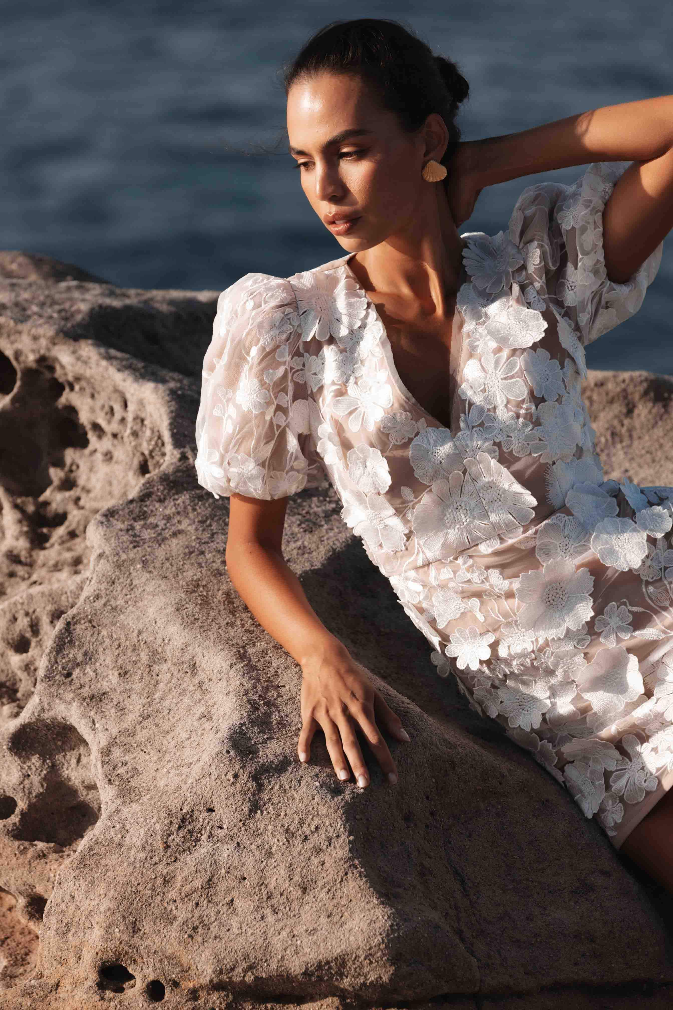 Zayla 3D Floral Mini Dress in White