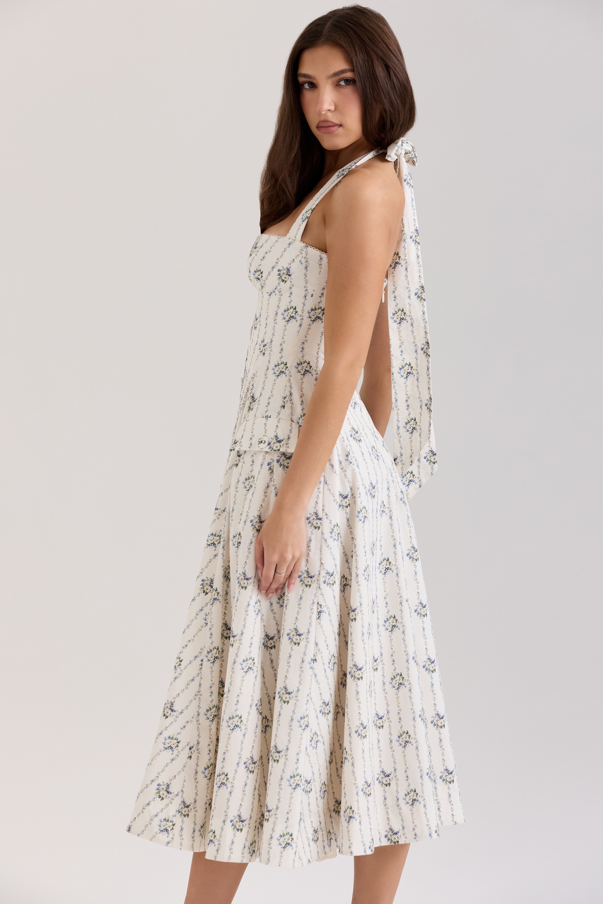 Cream Daisy Print Stretch Cotton Halter Neck Midi Dress