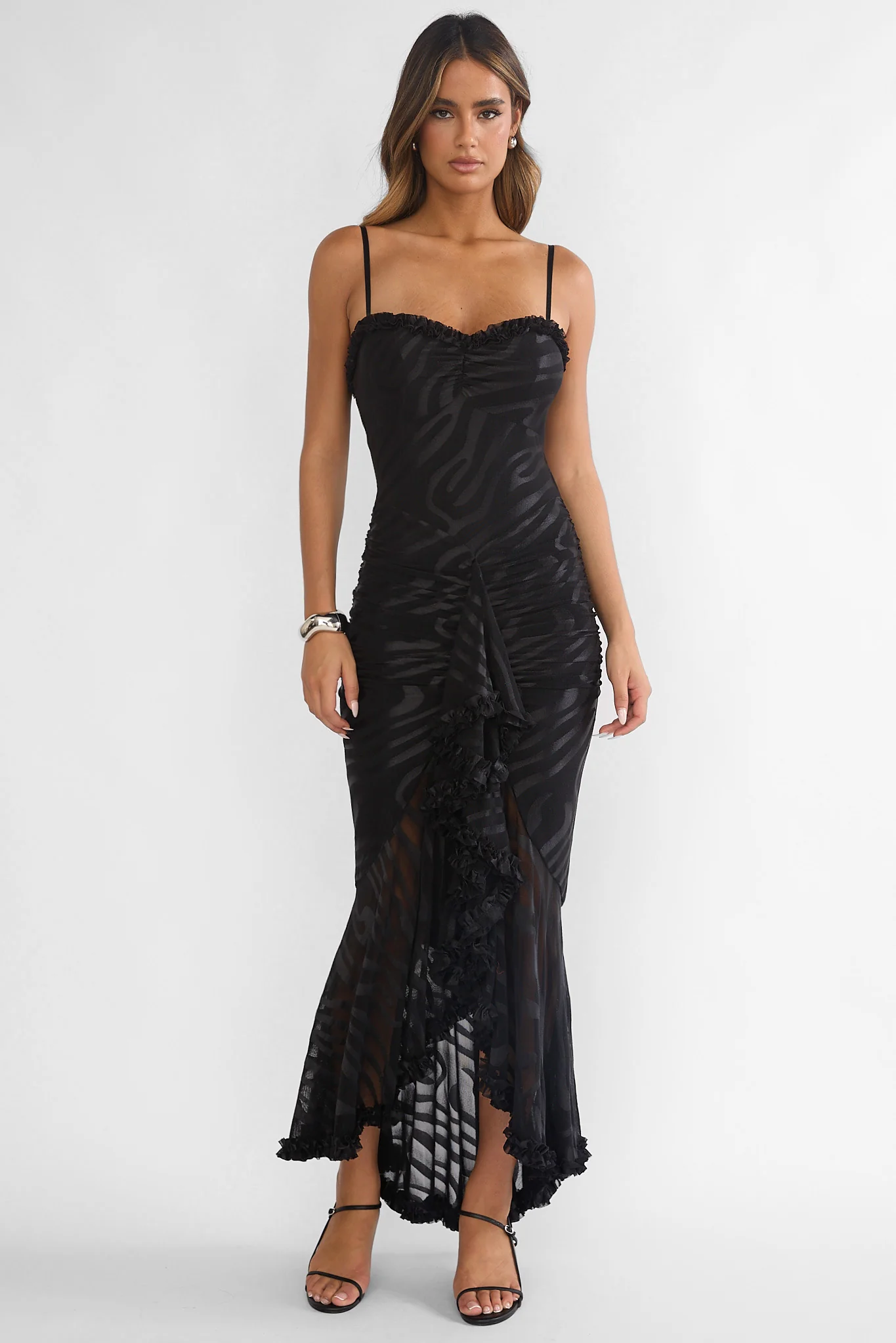 Everine Ruched Frill Trim Maxi Dress Black