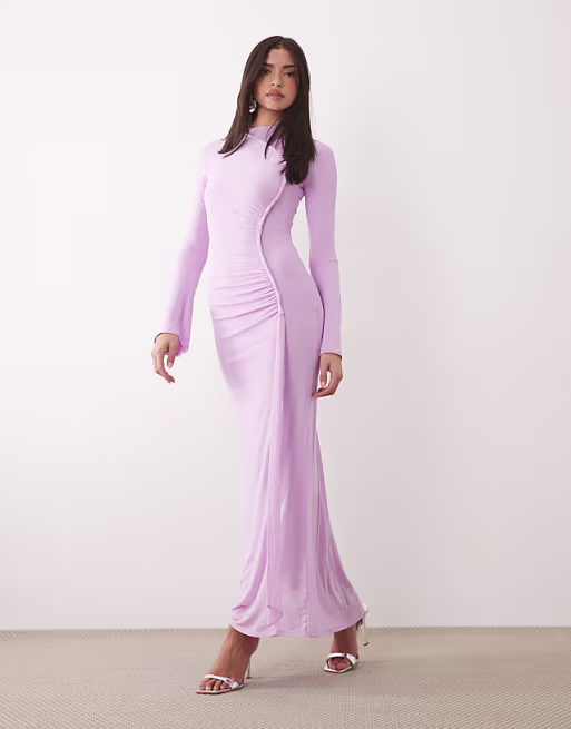 mesh long sleeve maxi dress with twist detail in lilac