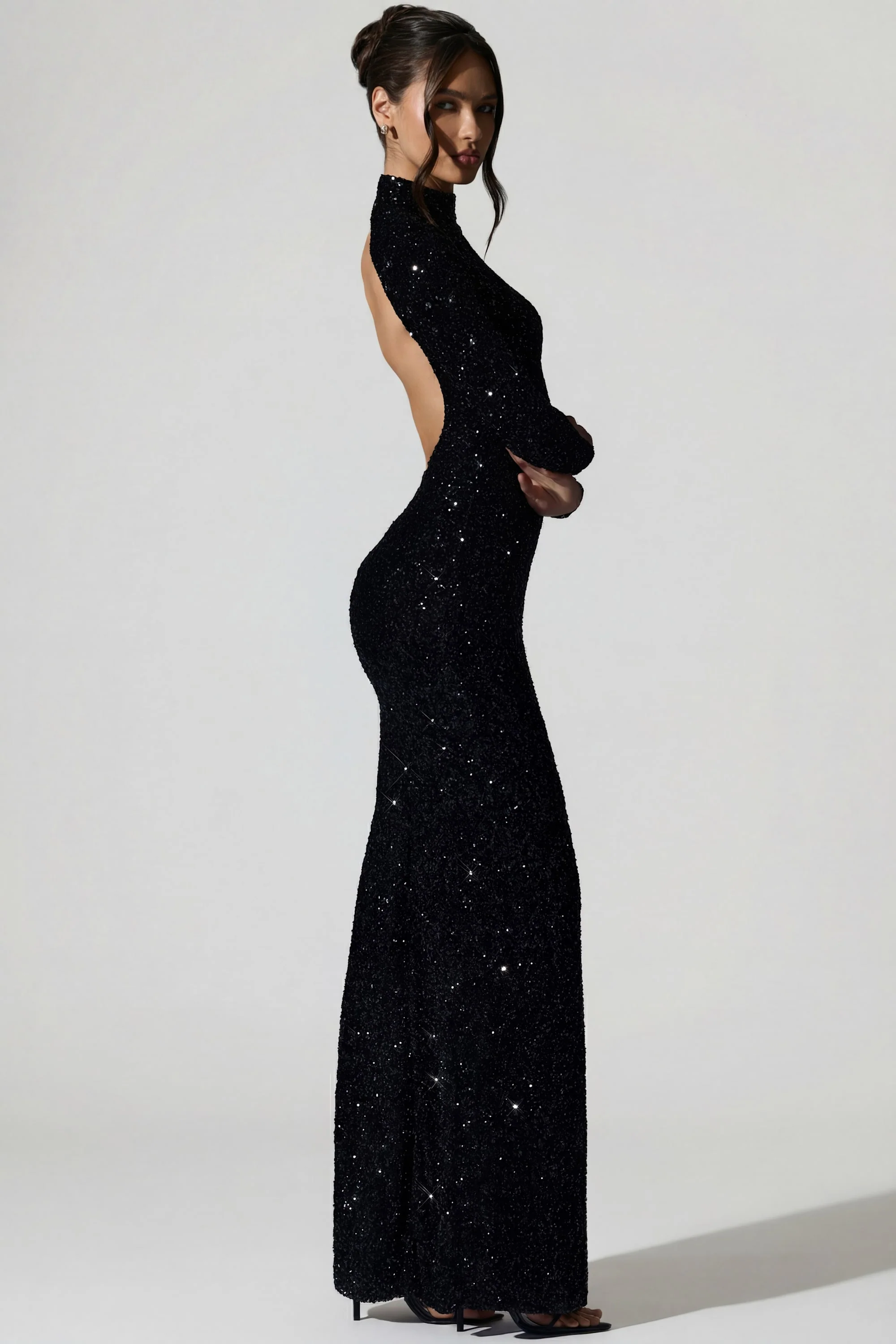 Embellished Open-Back Gown in Black