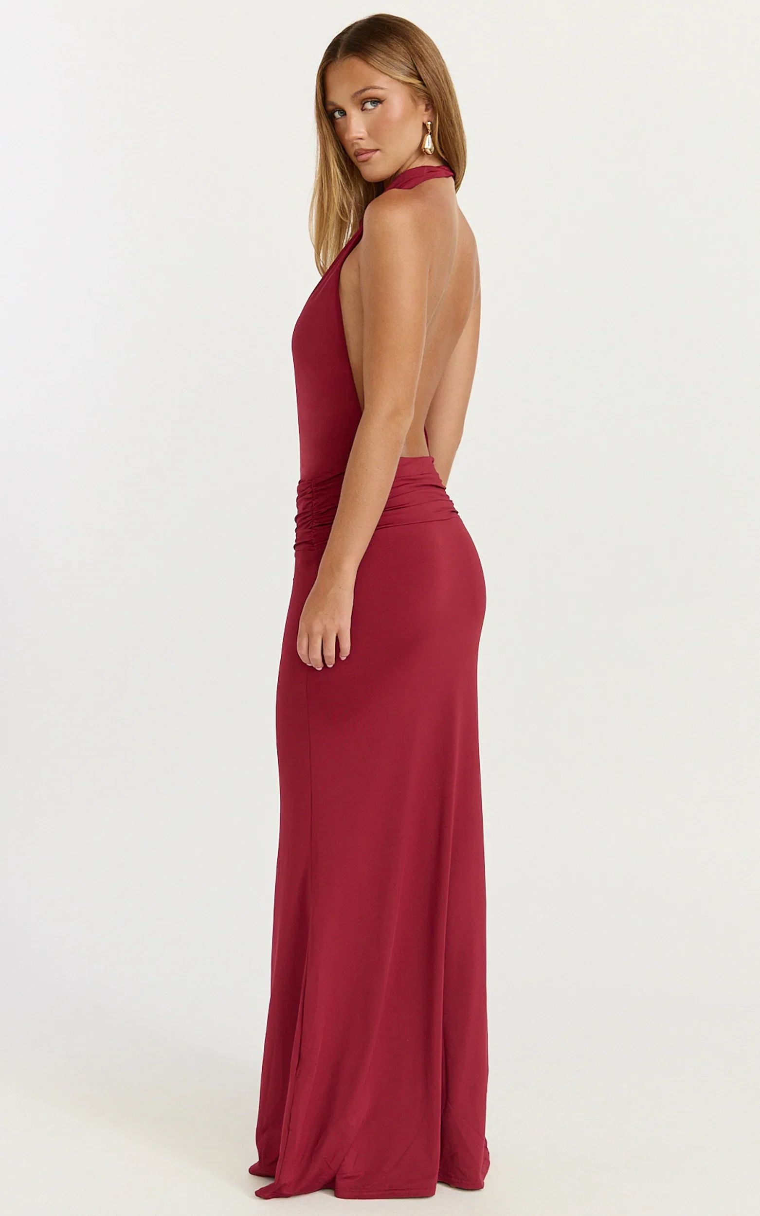 Lizzy Maxi Dress - Backless Ruched Bodycon Dress in Wine