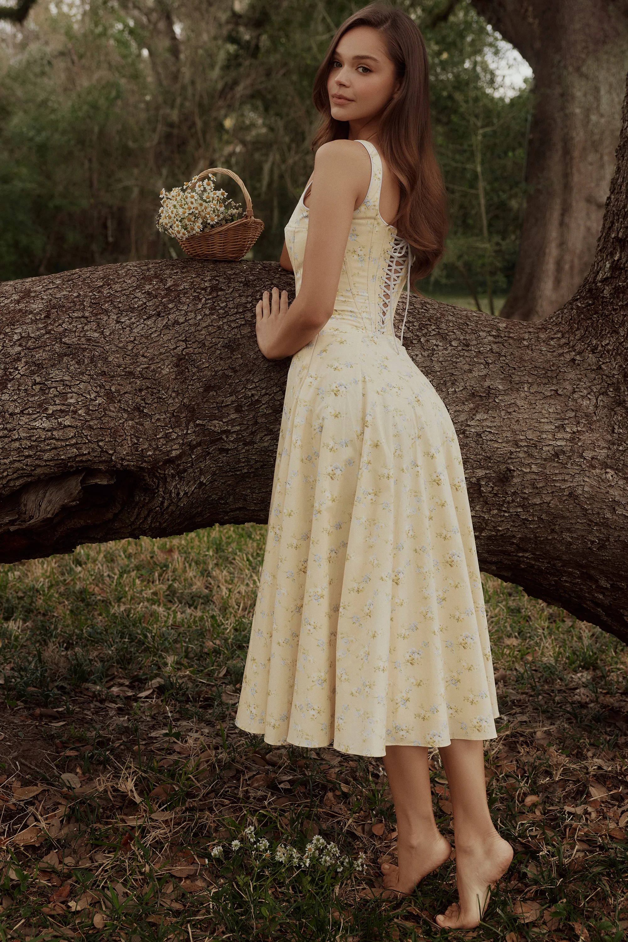 Lemon Floral Print Cotton Lace Up Midi Sundress