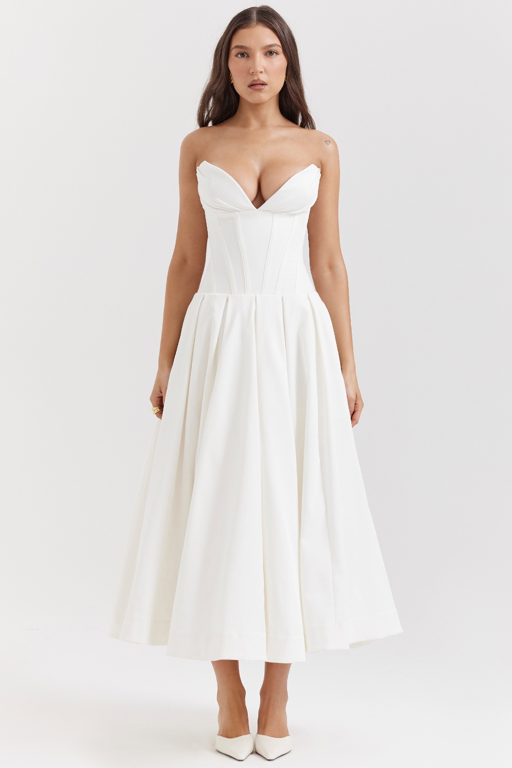 white strapless midi dress