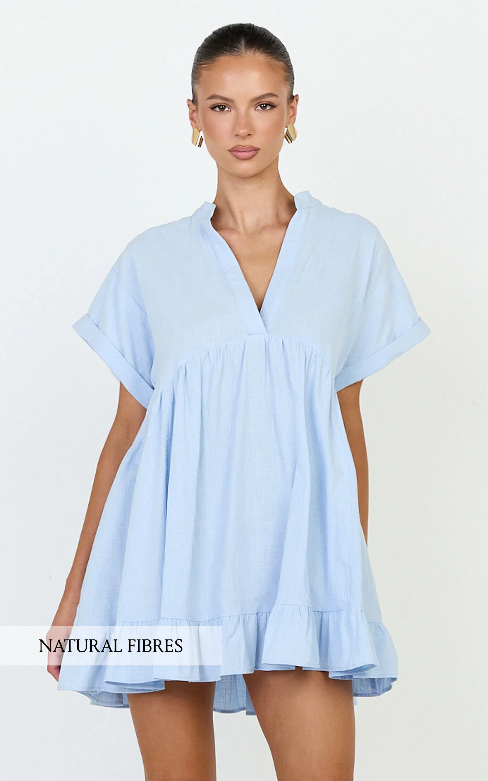 Calissa Mini Dress - Frill Hem Smock Dress in Light Blue