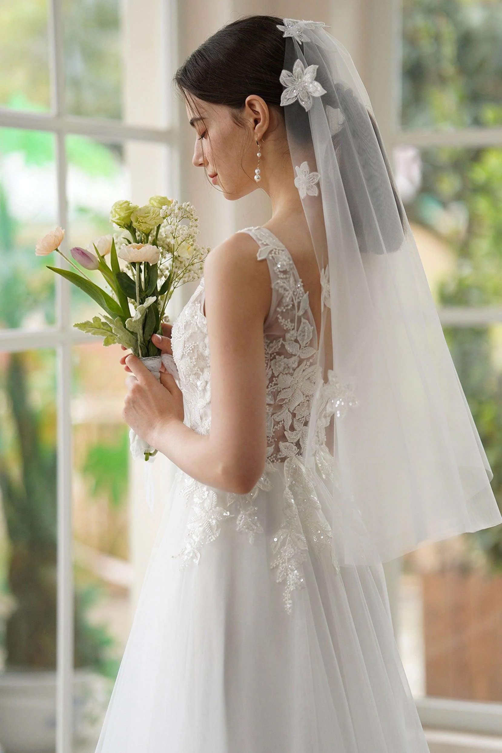 A-Line Sweep-Brush Train Lace Tulle Wedding Dress CW3306