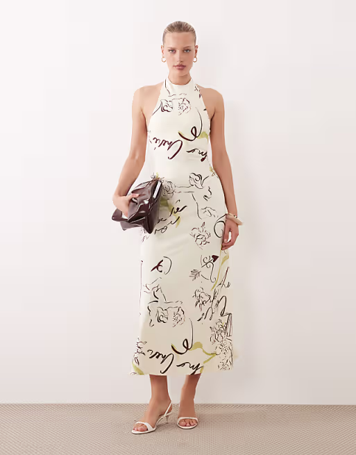 halter trapeze midi dress in conversational print
