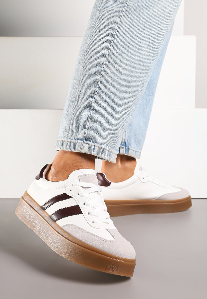 Biało-Bordowe Sneakersy na Kauczukowej Podeszwie Ozdobione Paskami Nilimea