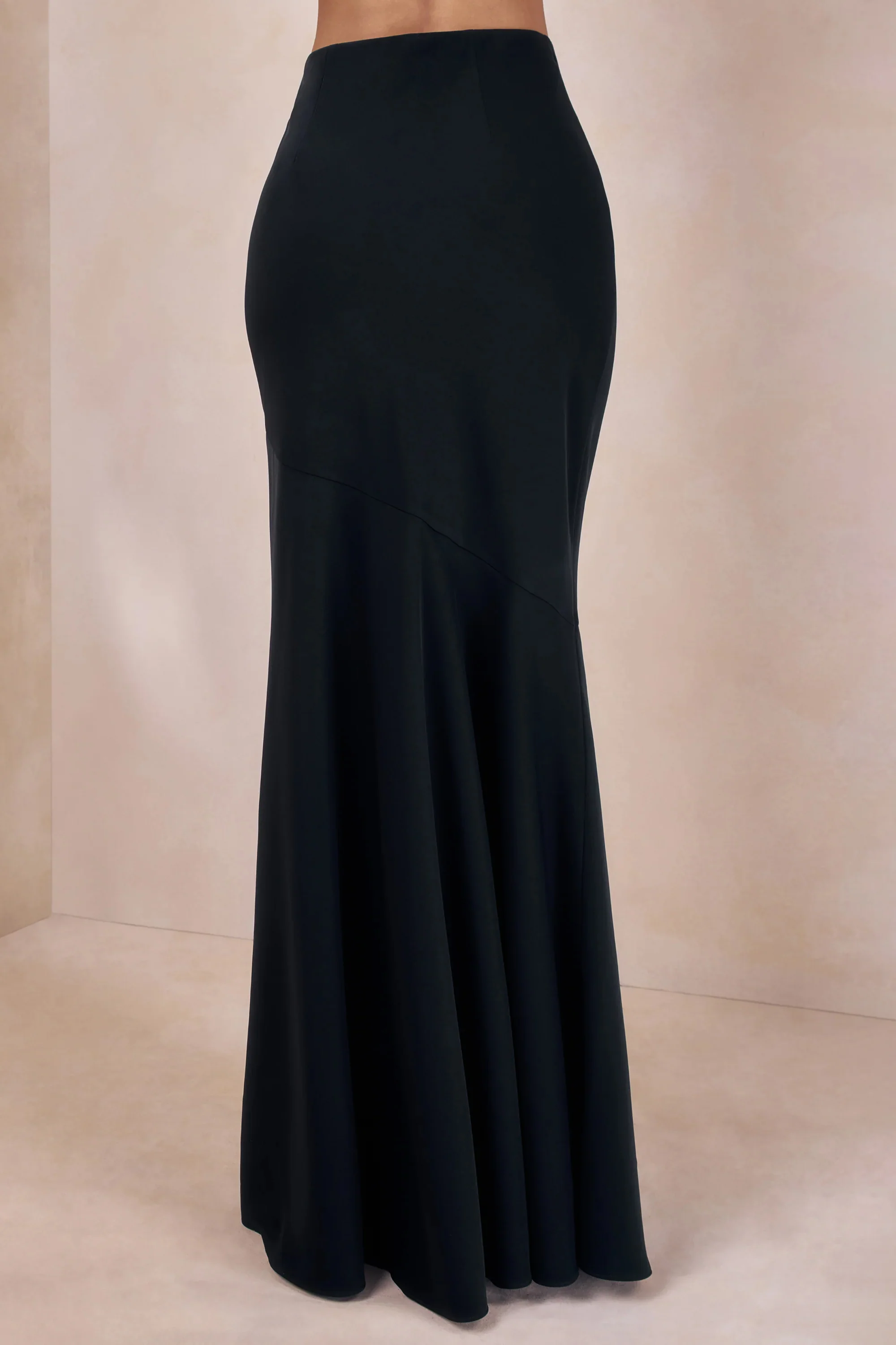 Vayla | Black Matte Satin Asymmetric Drop-Waist Maxi Skirt